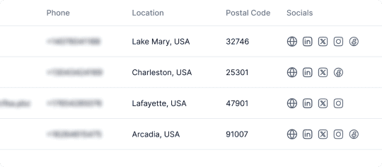 Dashboard showing exported leads with contact information and business details