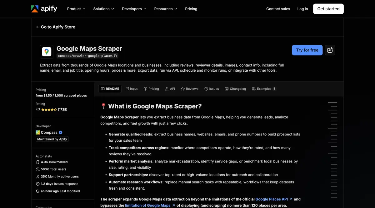We opened Apify's Google Maps Scraper Actor. The page exposes per-1,000-place pricing, an Actor workflow, API and scheduling controls, and optional contact enrichment. Apify is a configurable scraping platform, not a ready-made market database.