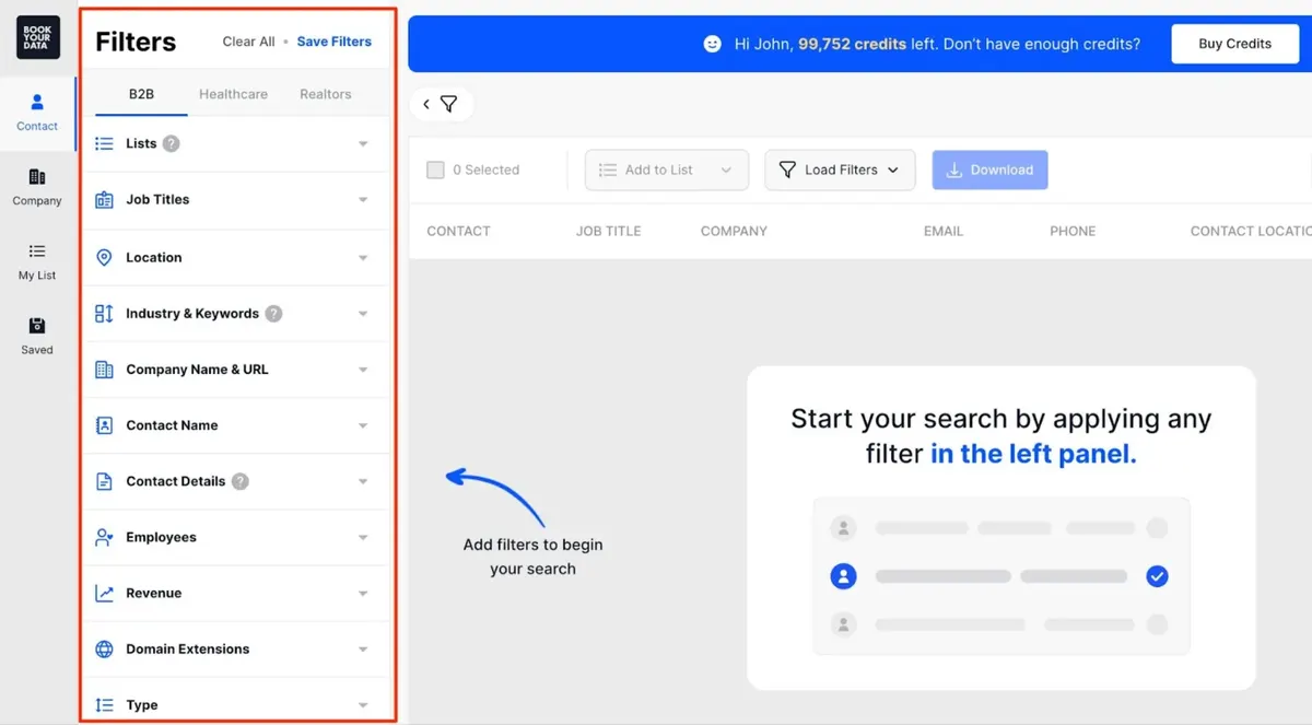 Bookyourdata's official help-center screenshot shows a people-first Prospector: job-title, contact-detail, employee and revenue filters lead to contact-level downloads. SphereScout starts from a local-business category and country instead.
