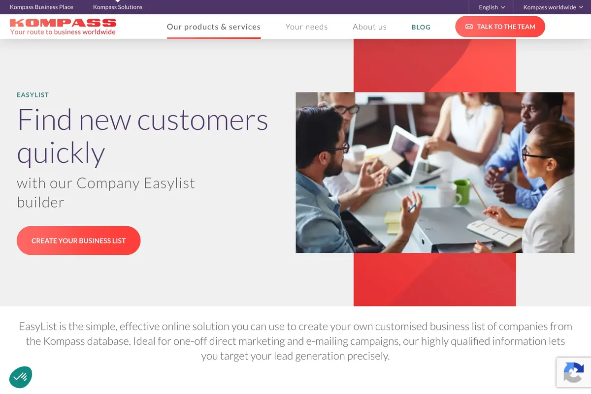 Kompass presents EasyList as an on-demand company-list builder with immediate downloads, 13 filters and global company coverage. It is a broad B2B directory and list product; SphereScout is centered on export-ready local-business categories by country.
